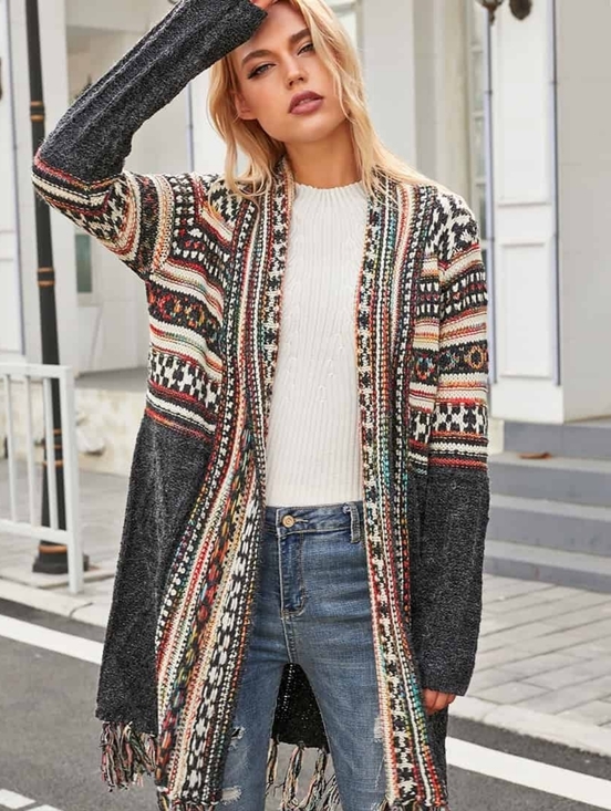 ROLLA'S Sweaters - ROLLA'S Gray Multi Fair Isle Fringe Open-Front Cardigan